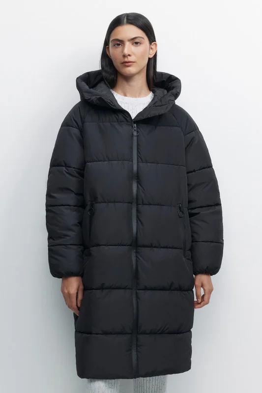 Бежевый меланж пальто женское Befree oversize стеганое длинное с капюшоном