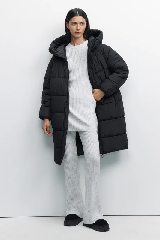 Бежевый меланж пальто женское Befree oversize стеганое длинное с капюшоном
