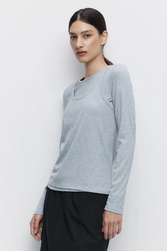 Серый меланж лонгслив женский Befree oversize хлопковый с вареным эффектом и принтом