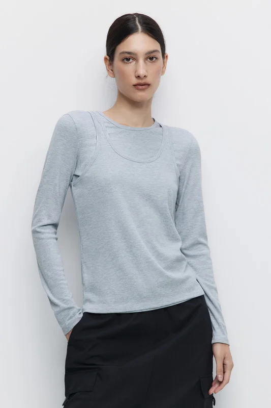 Серый меланж лонгслив женский Befree oversize хлопковый с вареным эффектом и принтом