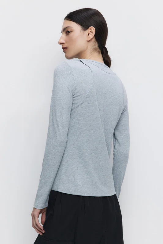 Серый меланж лонгслив женский Befree oversize хлопковый с вареным эффектом и принтом