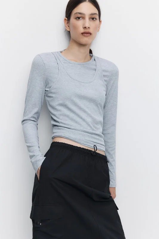 Серый меланж лонгслив женский Befree oversize хлопковый с вареным эффектом и принтом