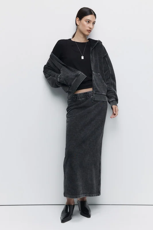 Серый меланж лонгслив женский Befree oversize хлопковый с вареным эффектом и принтом