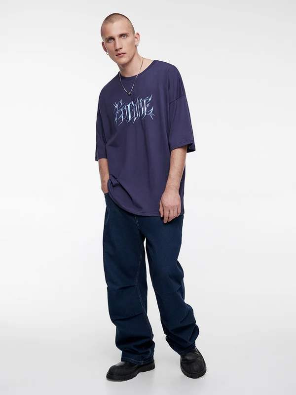 Фиолетовый футболка мужская Befree+ oversize с принтом в стиле метаверс