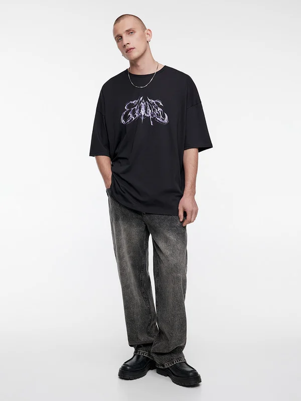 Черный футболка мужская Befree+ oversize с принтом в стиле метаверс