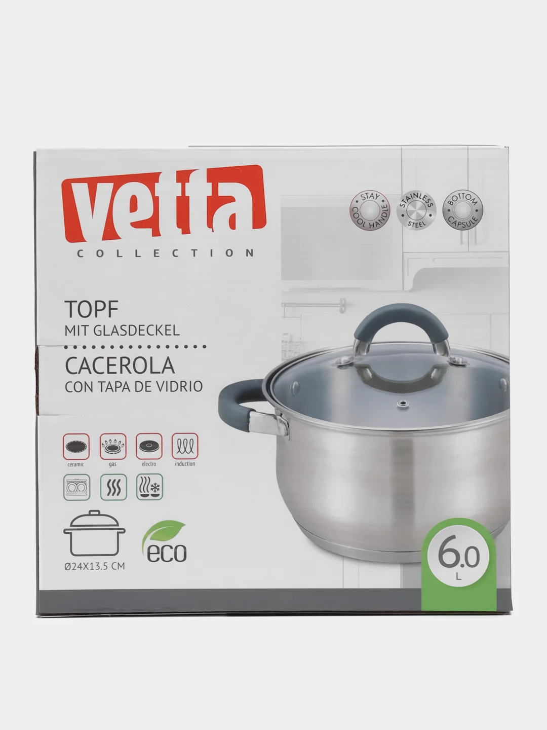Кастрюля Vetta "Вена", со стеклянной крышкой, индукция, 24 х 13,5 см, 6,0 л