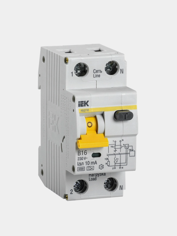 Дифференциальный автомат IEK АВДТ32, 1П+N, 16А, хар-ка B, 6кА, 10мА, A