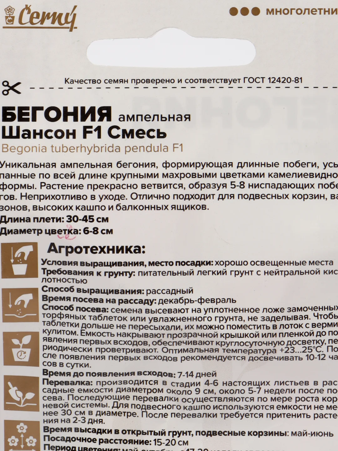Бегония ампельная клубневая Шансон смесь, 5 шт, Семена Алтая