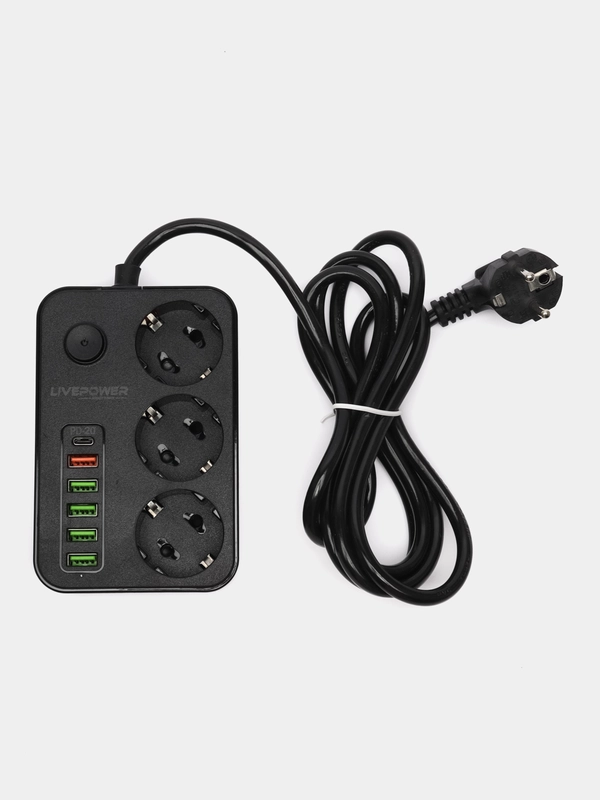 Сетевой фильтр удлинитель Live Power, 3 розетки, 5 USB, 1 Type-C