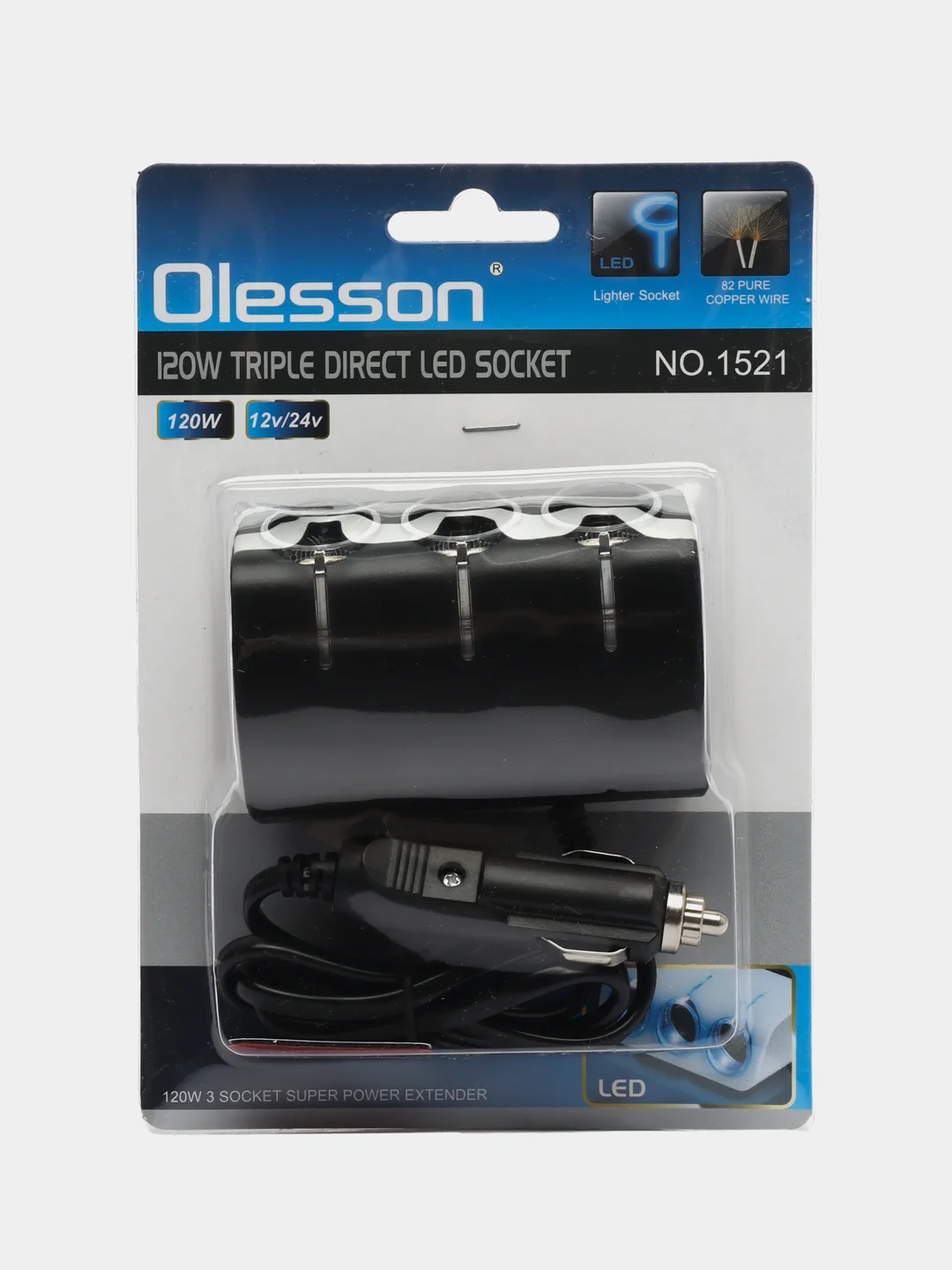 Разветвитель прикуривателя авто OLESSON 1521, 3 гнезда, 120W с LED подсветкой