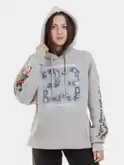 Голубой толстовка-худи женская, оверсайз с принтом и нашивкой, с капюшоном, утепленная мужская