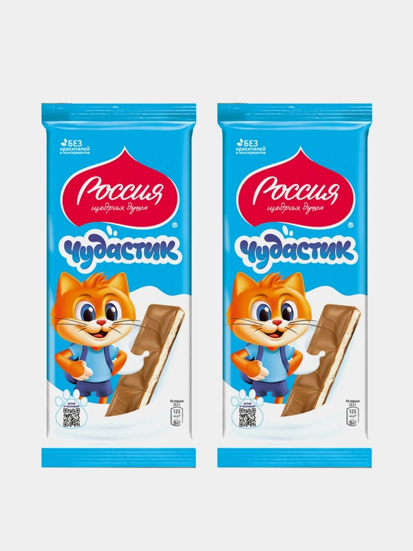 Молочный шоколад Чудастик с молочной начинкой, Россия-щедрая душа, 90г