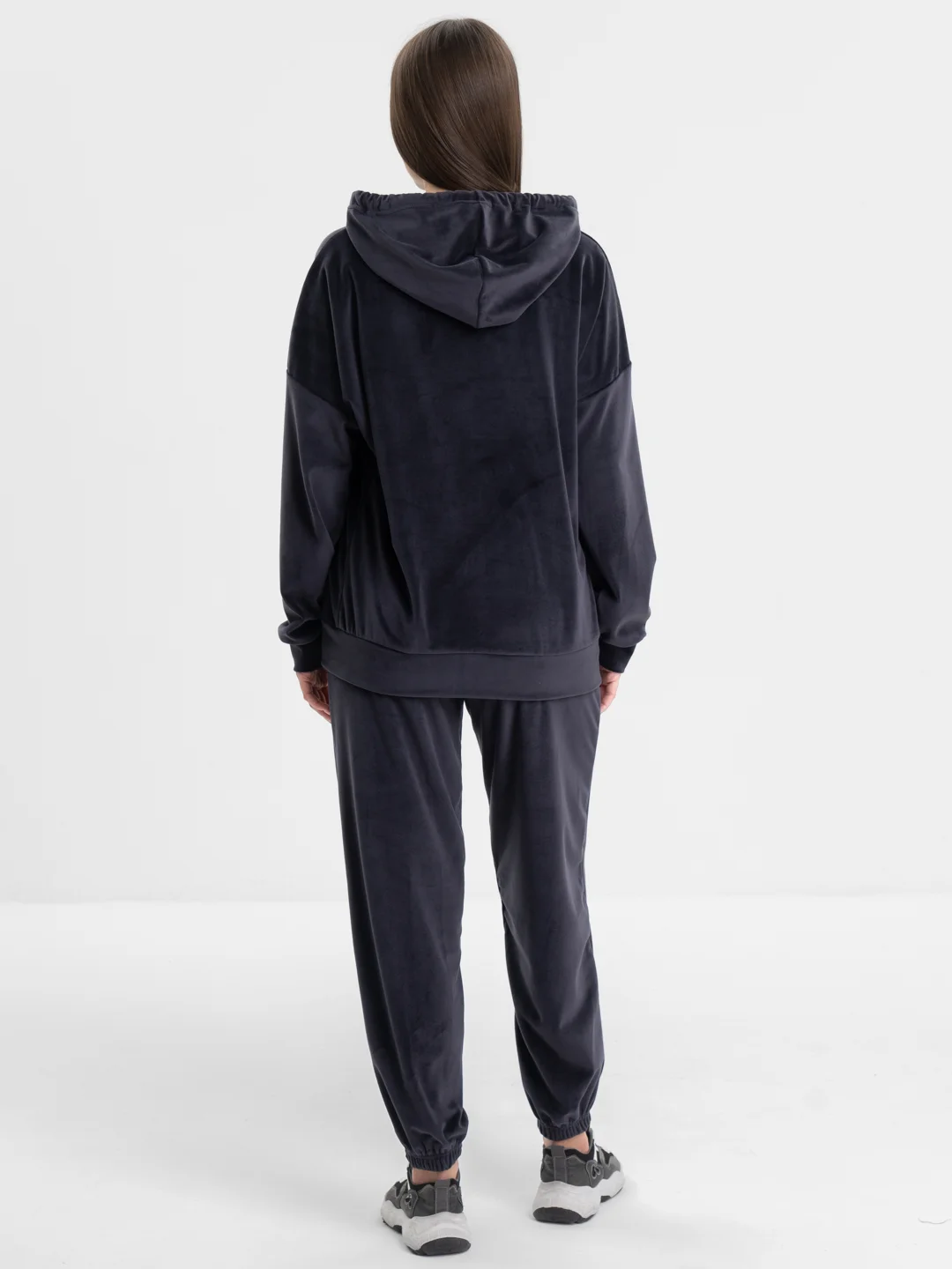 Тёмно-серый бархатный, женский костюм, велюровый, oversize комплект: кофта худи, штаны джоггеры