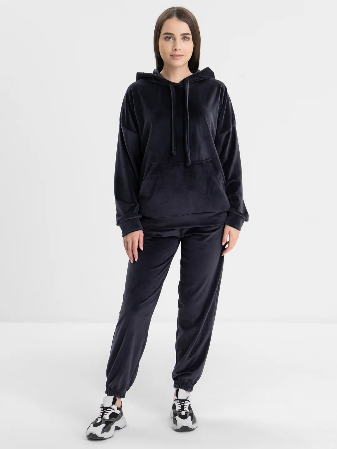 Тёмно-серый бархатный, женский костюм, велюровый, oversize комплект: кофта худи, штаны джоггеры
