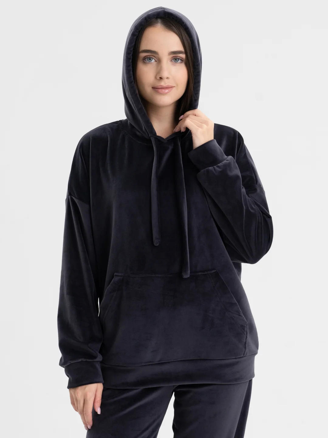 Тёмно-серый бархатный, женский костюм, велюровый, oversize комплект: кофта худи, штаны джоггеры