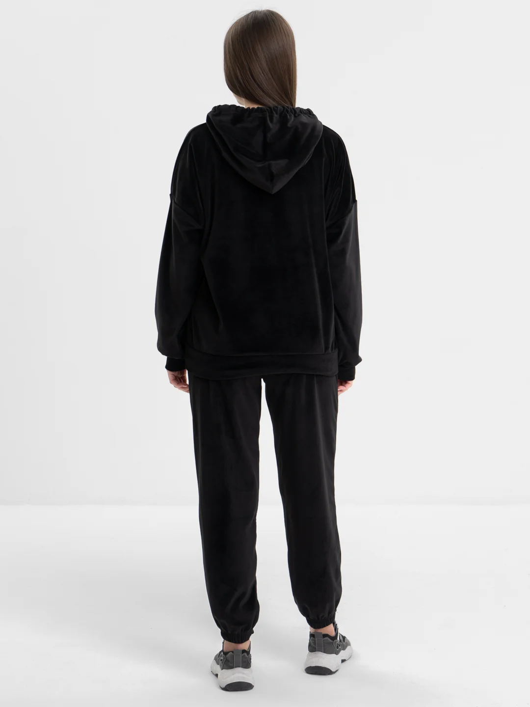 Черный бархатный, женский костюм, велюровый, oversize комплект: кофта худи, штаны джоггеры
