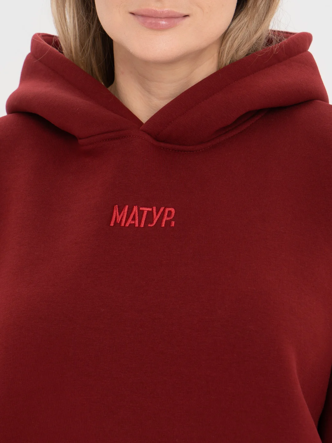 Бордовый худи оверсайз с вышивкой "Матур.", унисекс, с начесом, удлиненный