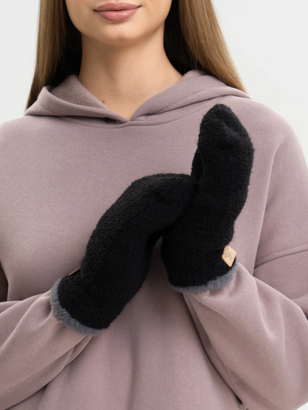 Черный варежки женские зимние теплые, вязаные, с подкладом, HENU FASHION UGC