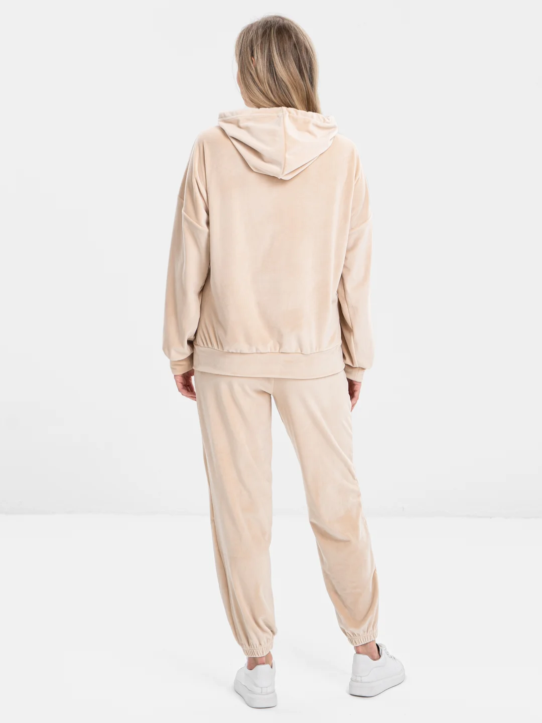 Бежевый бархатный, женский костюм, велюровый, oversize комплект: кофта худи, штаны джоггеры
