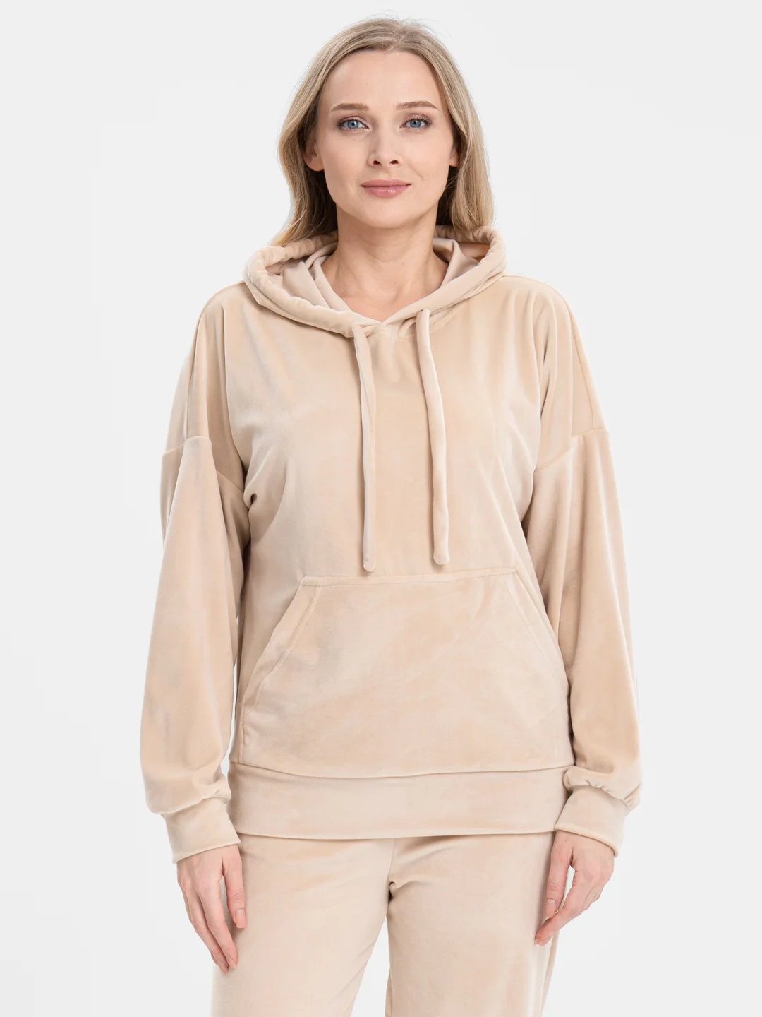 Бежевый бархатный, женский костюм, велюровый, oversize комплект: кофта худи, штаны джоггеры