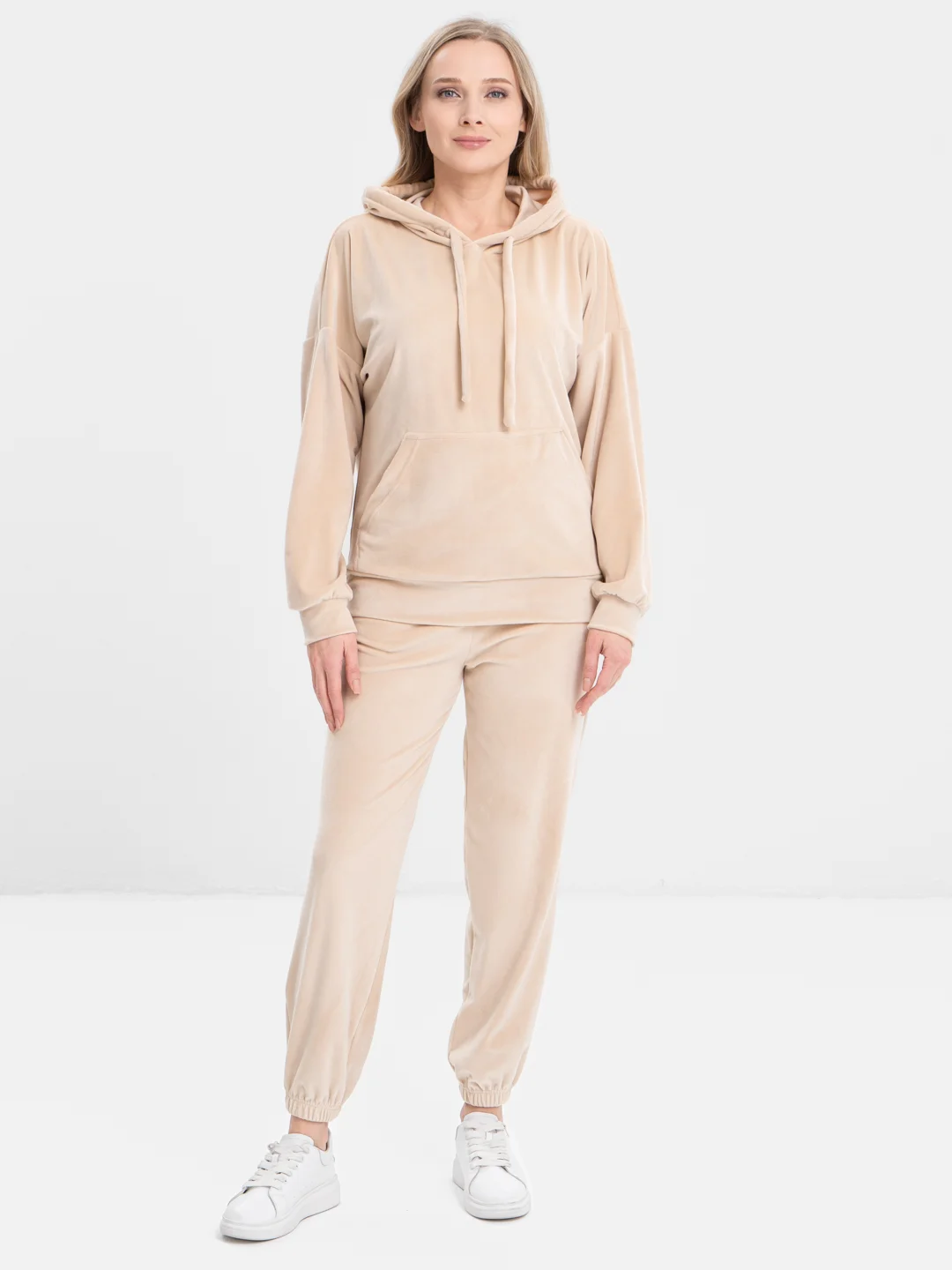 Бежевый бархатный, женский костюм, велюровый, oversize комплект: кофта худи, штаны джоггеры