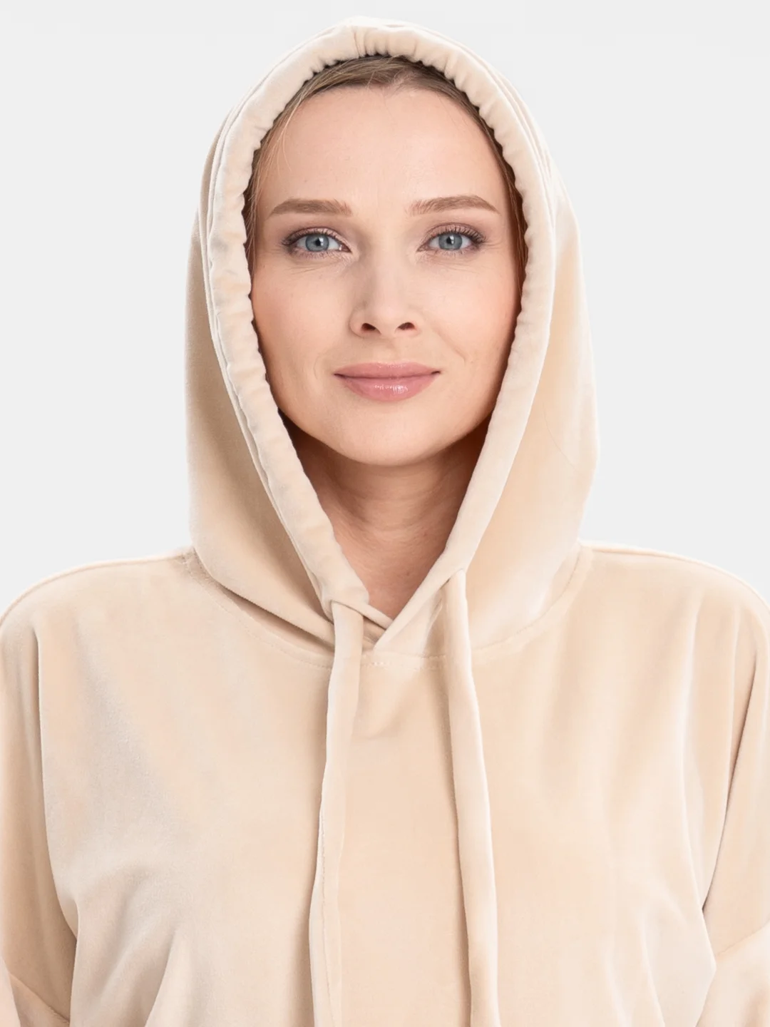 Бежевый бархатный, женский костюм, велюровый, oversize комплект: кофта худи, штаны джоггеры