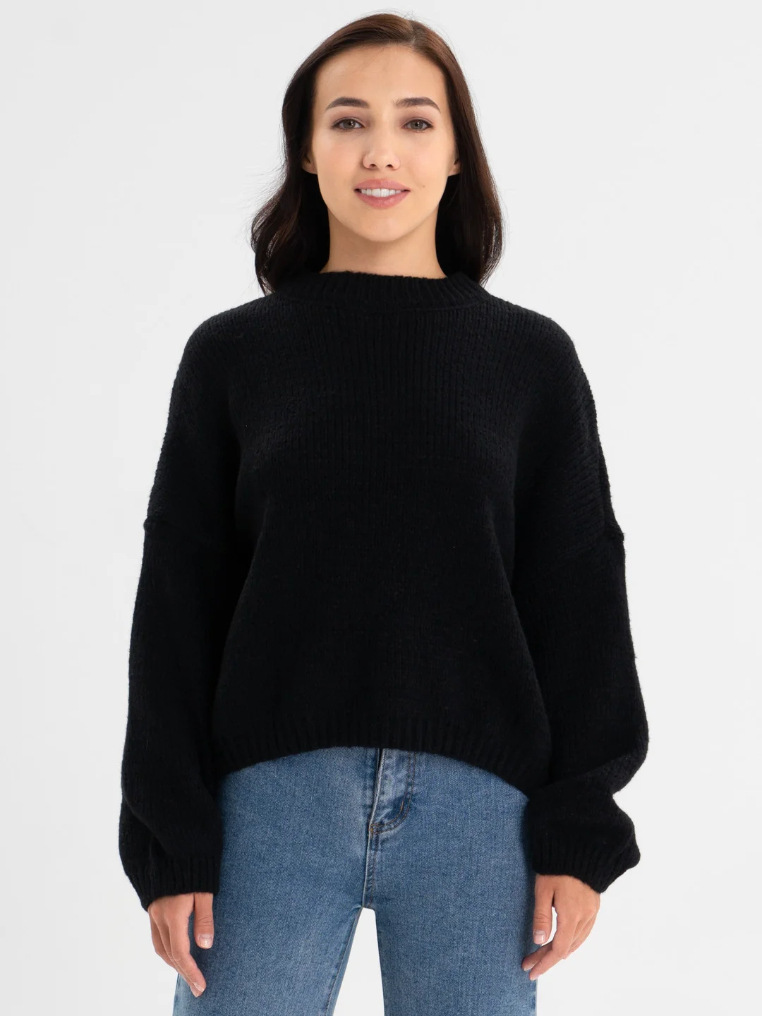 Черный свитер женский модный, уютный, теплый, однотонный, оверсайз/oversize, единый размер