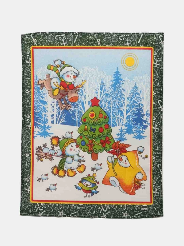Полотенце кухонное из рогожки купон Снеговики "Новый год"