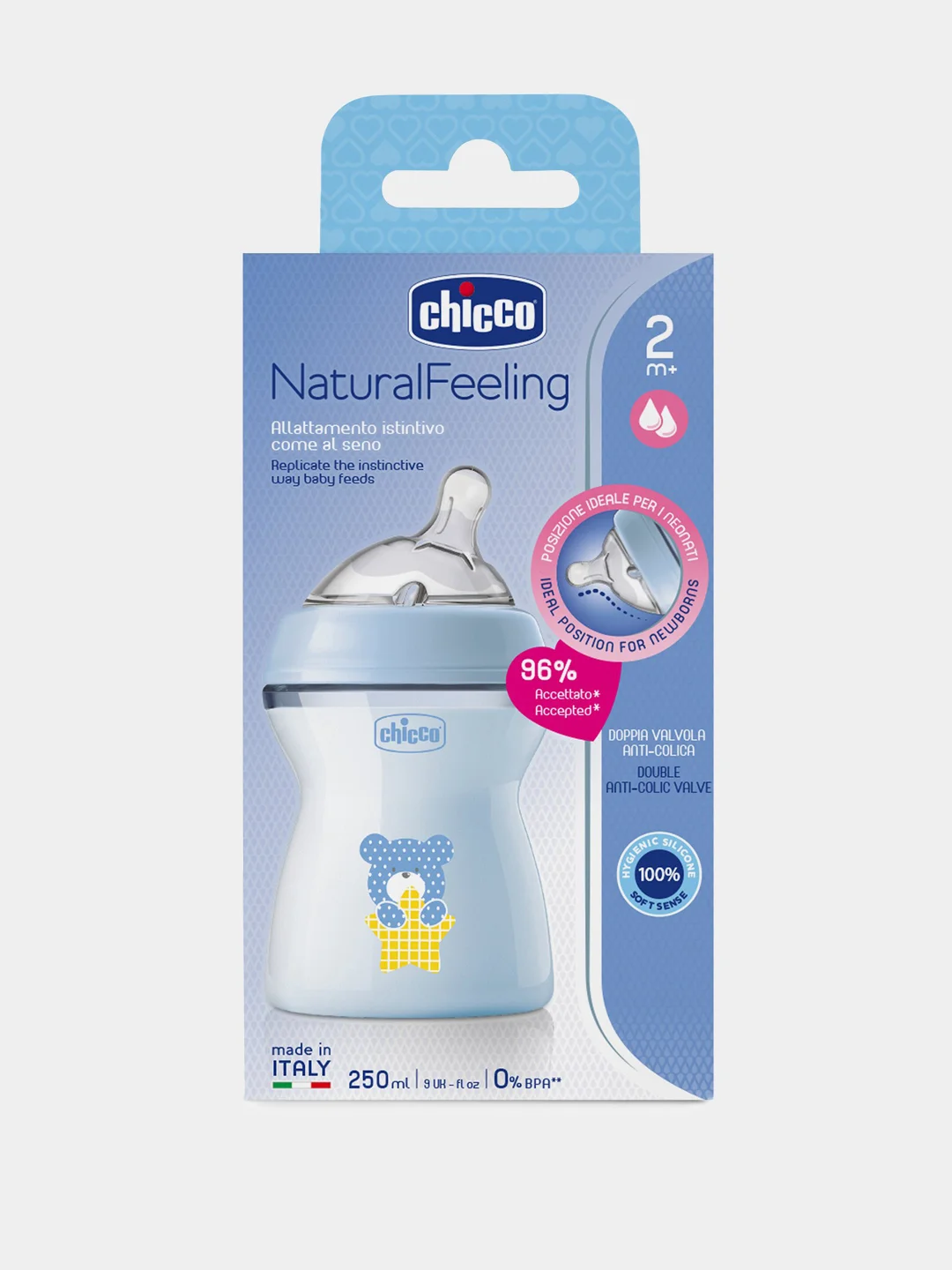 CHICCO Бутылочка Natural Feeling,2мес.+,сил.соска с флексорами,250мл., голубаяNEW