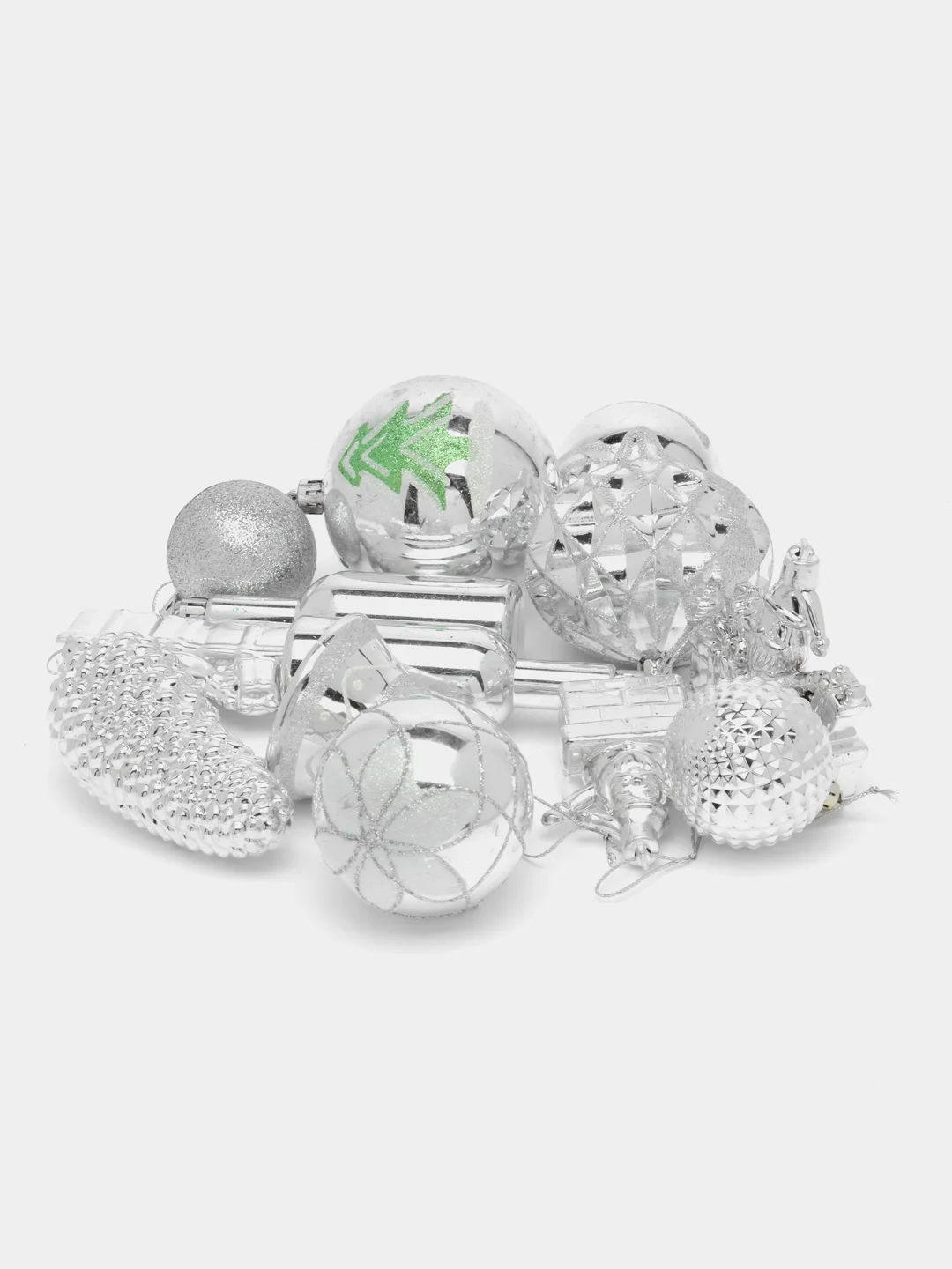 Серебряный набор ёлочных игрушек разной формы микс