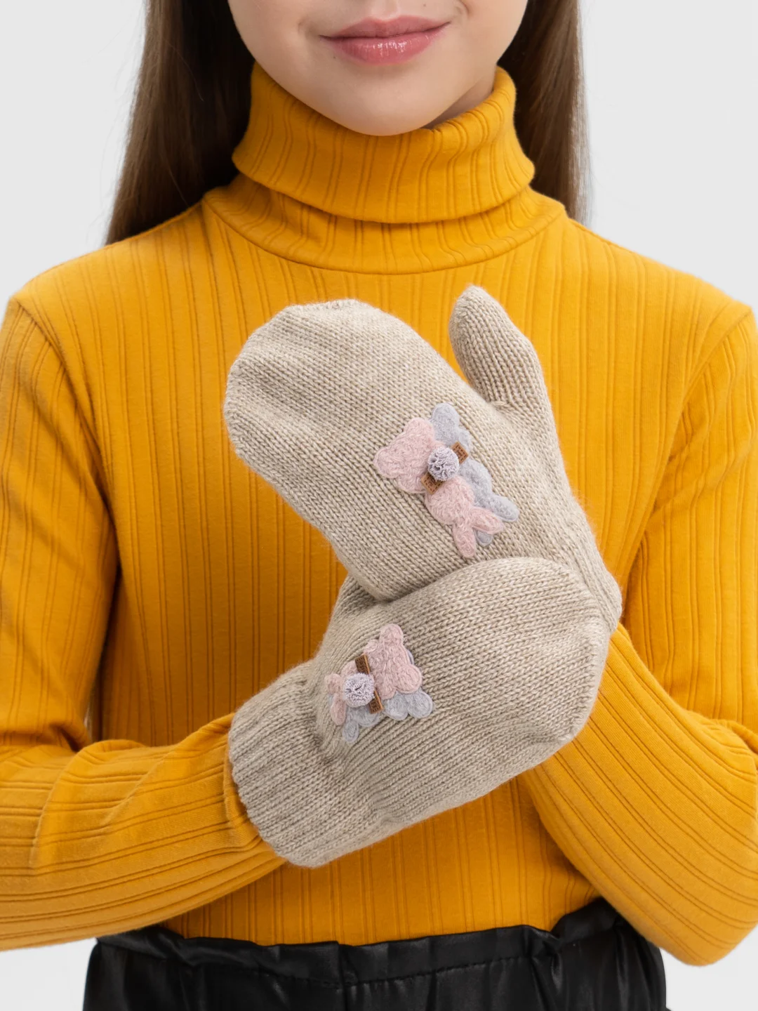 Песочный хаки варежки детские, двойные, шерсть, 15 р, 7-8 лет
