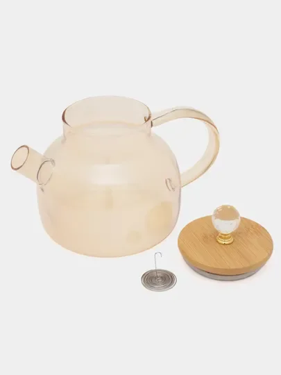Карамельный чайник заварочный стеклянный, с бамбуковой крышкой, ситечком, 1000 мл, 1800 мл