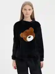 Черный пижама женская со штанами, плюшевая, домашний костюм с брюками, рисунок "Мишка"