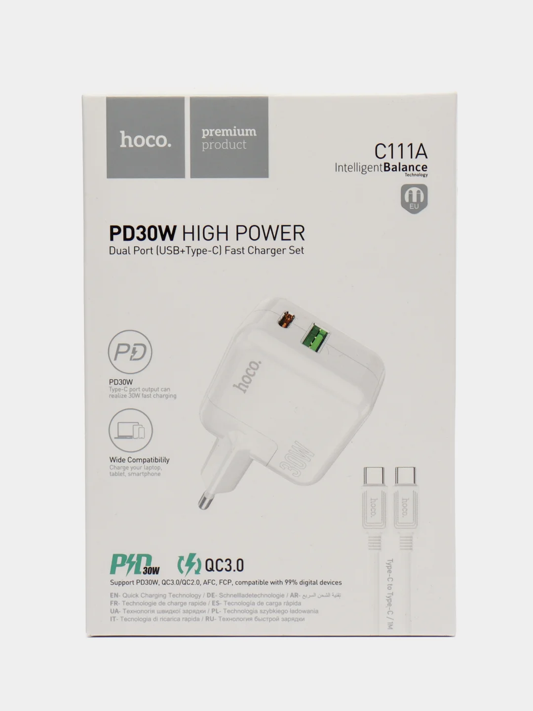 Белый зарядное устройство для iPhone и для Android Hoco C111A с быстрой зарядкой PD 30W, QC 3.0