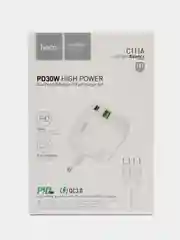 Белый зарядное устройство для iPhone и для Android Hoco C111A с быстрой зарядкой PD 30W, QC 3.0