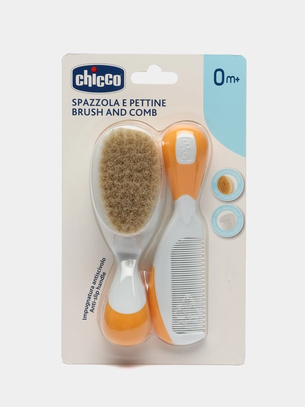 CHICCO Набор детск. расческа и щётка с натур. щетинками, оранж., 0 мес.+