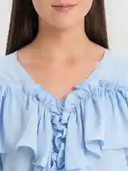 Голубой рубашка, блузка женская, с рюшами
