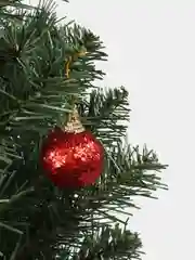 Красный набор елочных украшений в коробке, шары, шишки, подарки, новогодние игрушки на елку
