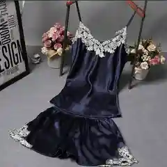 Индиго атласная пижама с шортиками и кружевами