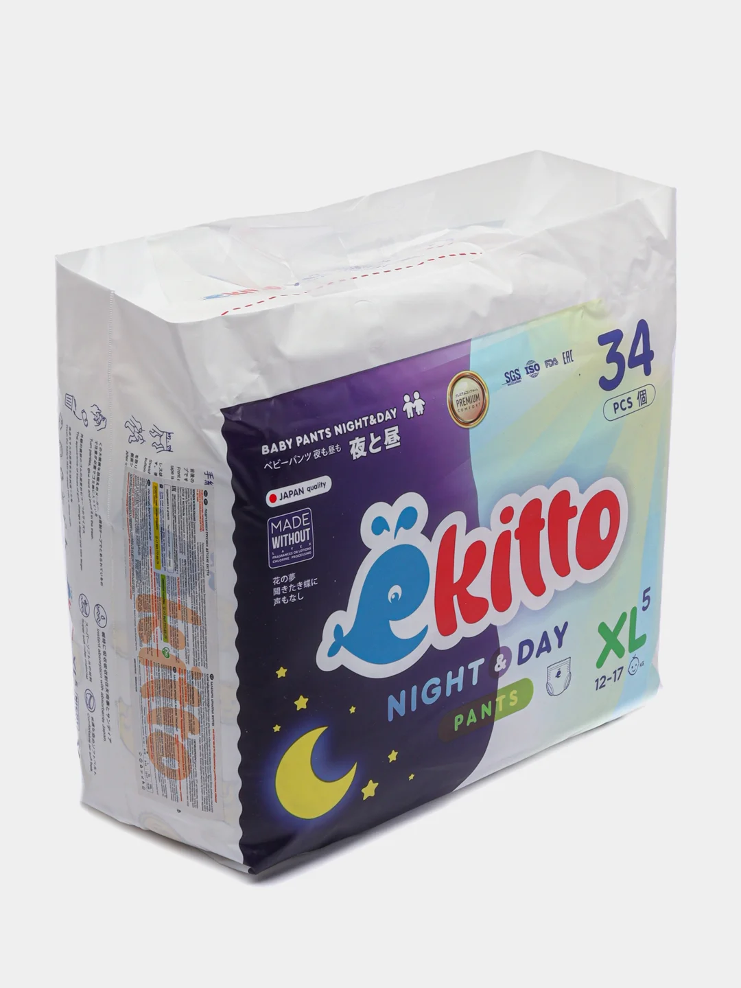 Подгузники трусики Ekitto 5 размер XL, для новорожденных детей от 12-17 кг, 34 шт