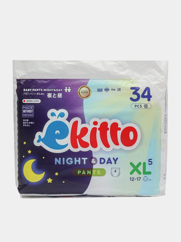Подгузники трусики Ekitto 5 размер XL, для новорожденных детей от 12-17 кг, 34 шт
