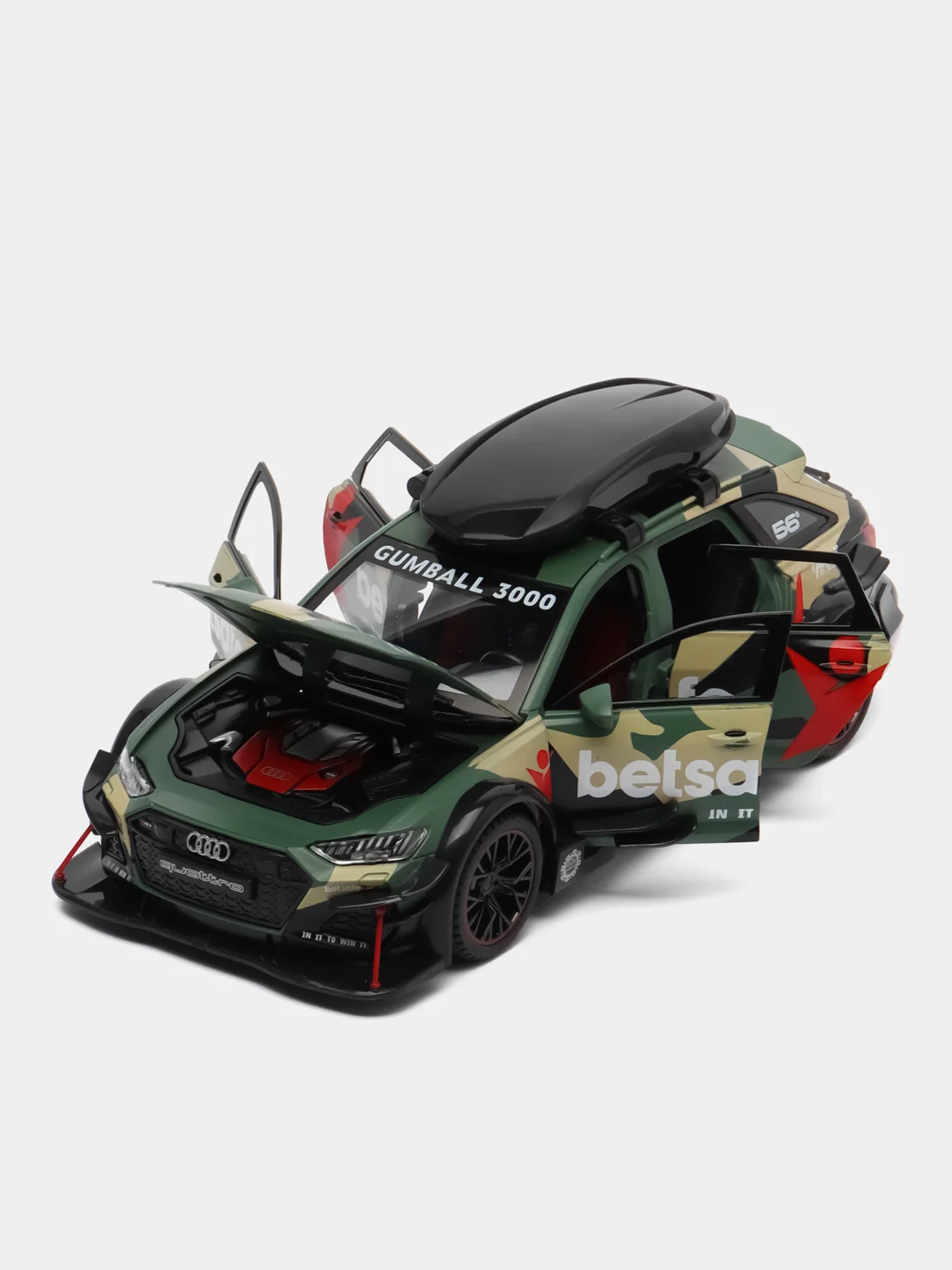 Зеленый машинка металлическая 1:24 AUDI RS6 камуфляж с обвесом, 21 см