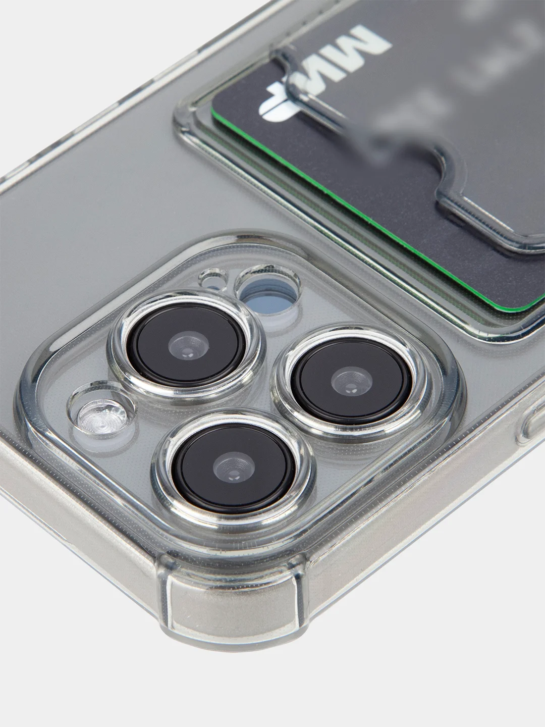Прозрачный чехол для iPhone 15 Pro противоударный силиконовый ROSCO с карманом для карт защитой углов