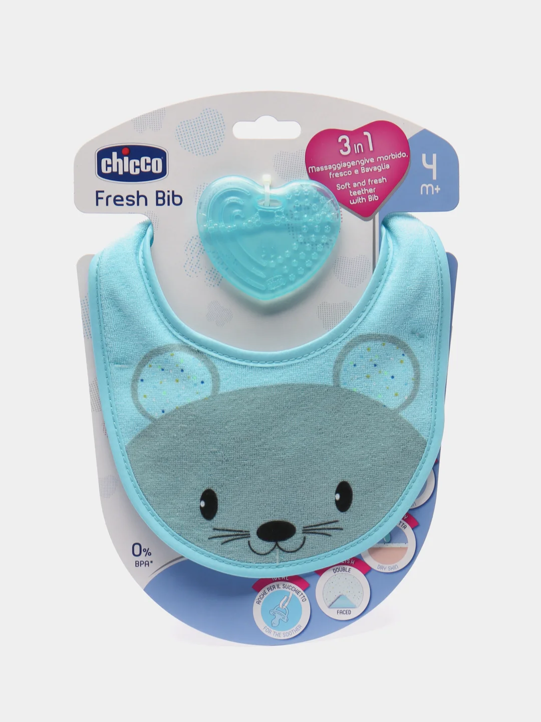 CHICCO Нагрудник с прорезывателем Fresh 3-в-1, 4 мес+, голубой