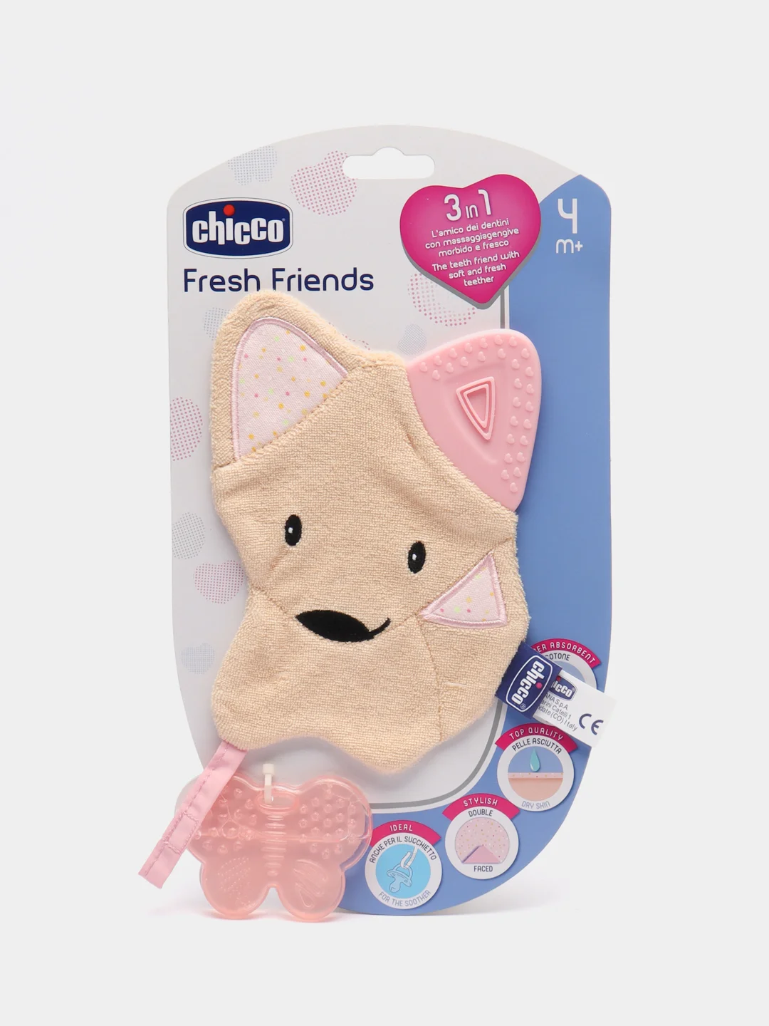 Chicco игрушка-прорезыватель Fresh Friends 3-в-1, 4 мес+, розовый