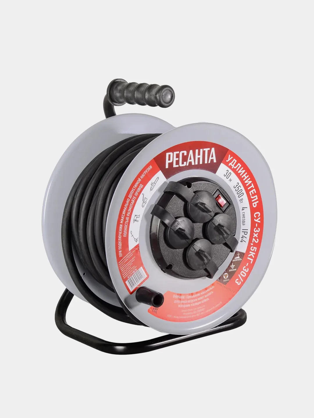 Удлинитель силовой на металлической катушке (с выкл., 4 розетки, IP44) Ресанта