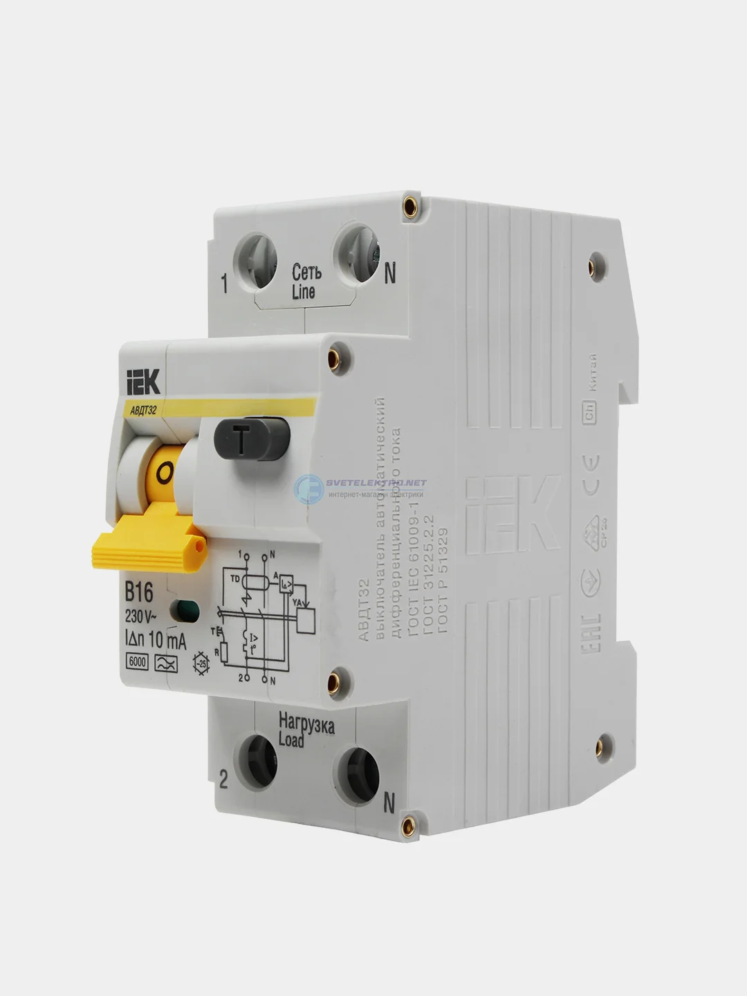 Дифференциальный автомат IEK АВДТ32, 1П+N, 16А, хар-ка B, 6кА, 10мА, A