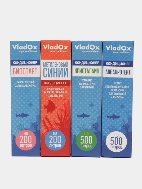 Мини-аптечка для аквариума Vladox: Метиленовый синий, Биостар, Аквапротект, Кристалайн