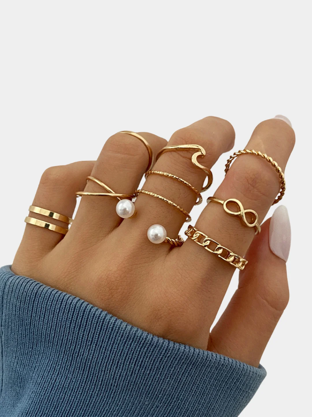 Серебряный набор колец из 9 штук