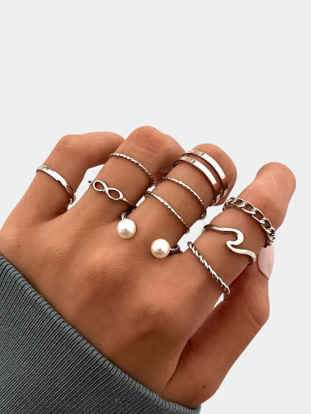 Серебряный набор колец из 9 штук